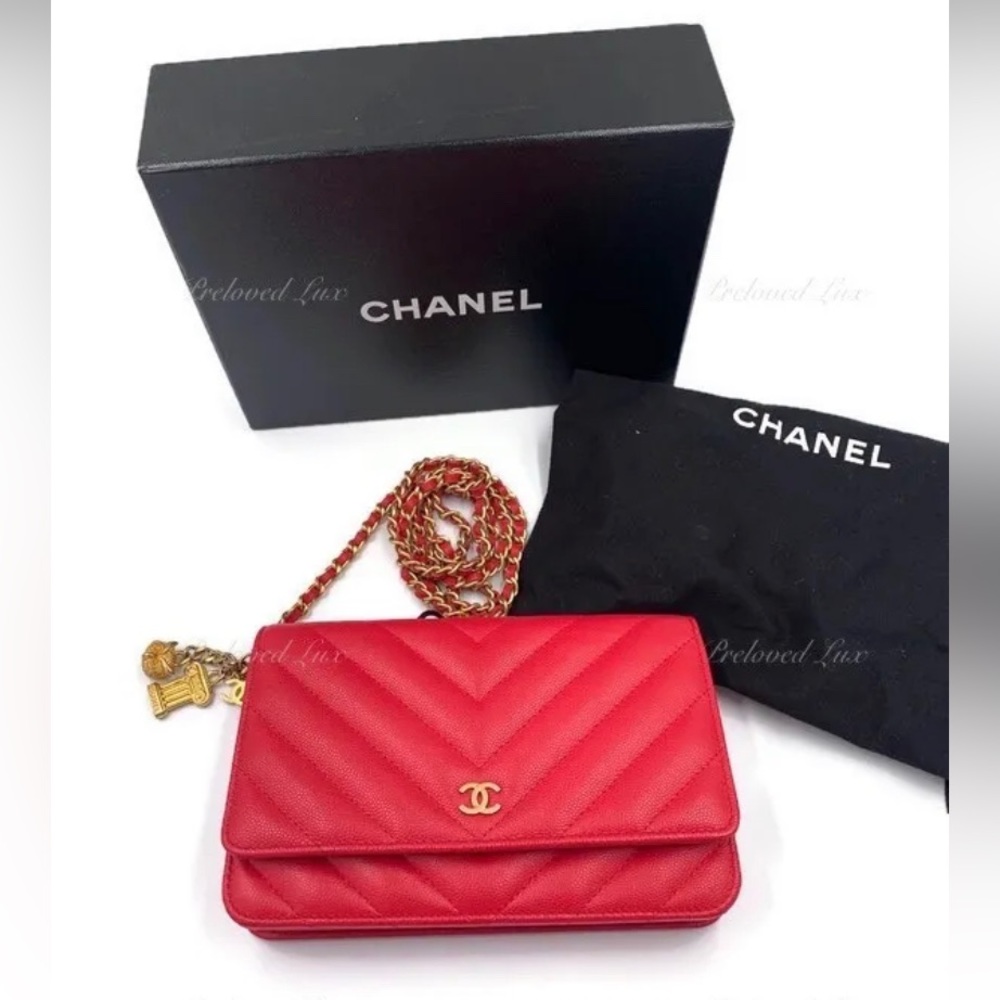 Authentic CHANEL red Caviar Chevron Ancient Greek Charms WOC Bag GHW
